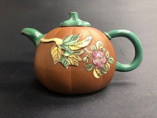 Fine 19th century enameled Yixing zisha pumpkin teapot