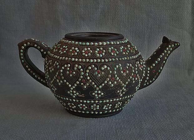 Antique Islamic Turkmen Uzbek Turquoise Inlaid Chlorite Stone Teapot