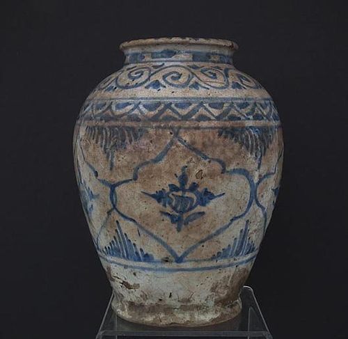 Antique Medieval Islamic Mamluk Blue & White Ceramic Jar 14 Century