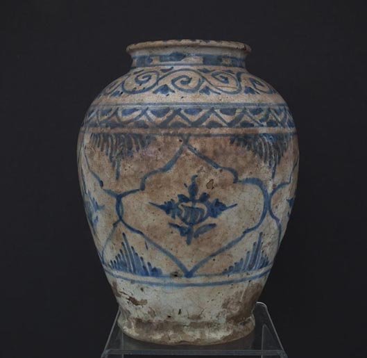 Antique Medieval Islamic Mamluk Blue & White Ceramic Jar 14 Century