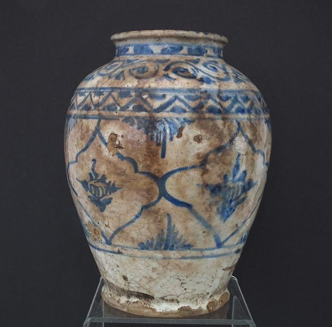 Antique Medieval Islamic Mamluk Blue &amp; White Ceramic Jar 14 Century