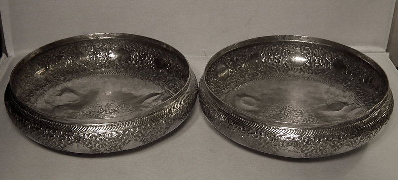 Two Antique Islamic Malaysian Silver Bowls with Sword Kris Dager Keris