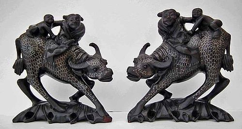 A pair Of Antique Chinese Qing Dynasty Silver Inlaid Wood Sculptures