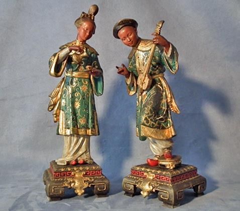 Pair of Antique European 19th cen Spelter Sculptures of Chinese Couple