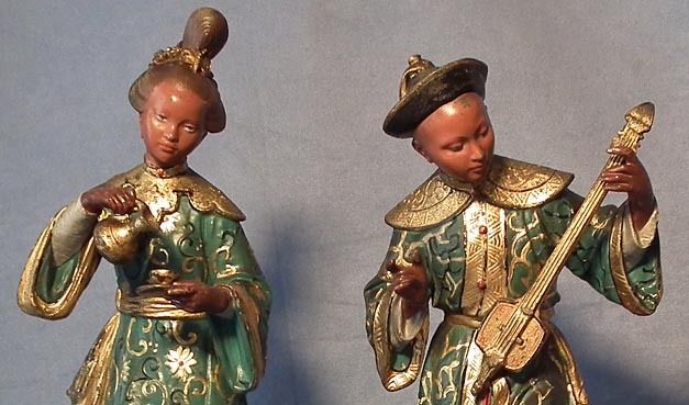 Pair of Antique European 19th cen Spelter Sculptures of Chinese Couple