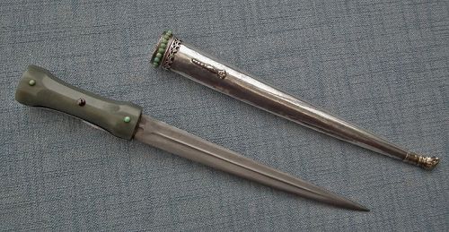 Antique Turkish Ottoman Jade Dagger Islamic Khanjar In Silver 1700