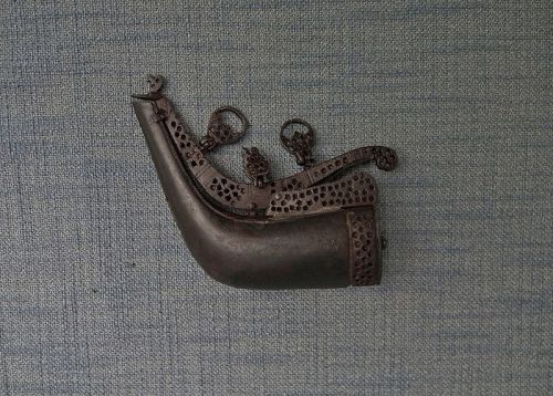 Antique 18th century Islamic Indo - Persian Steel Gun Powder Flask