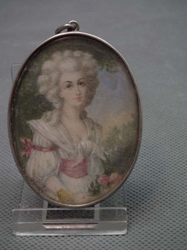 Antique Painting Miniature Portrait of Noblewoman in Silver Frame