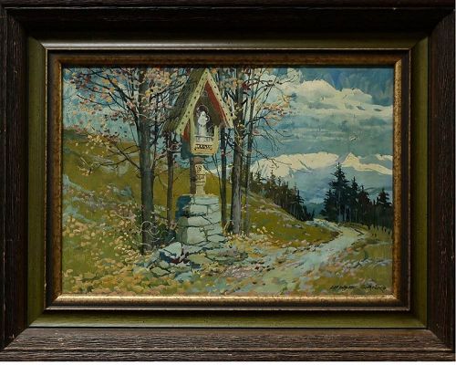 Polish Oil Painting by Leszek Stańko 1925-2011 Roadside Shrine Poland