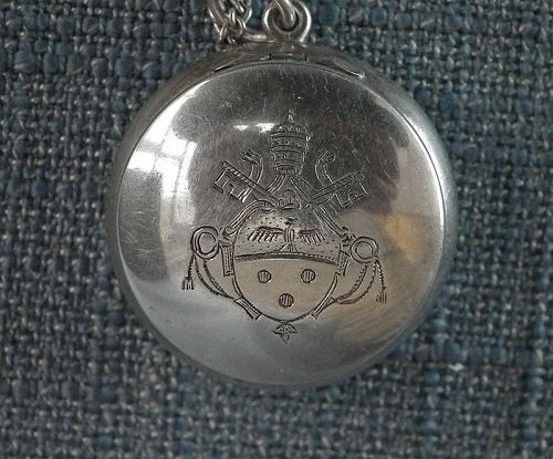 Antique Papal Silver Locket Pendant With Pope Pius XI Coat Of Arm