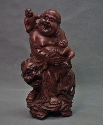 Antique Chinese Rosewood Sculpture Laughing Buddha Hotei on Foo Dog