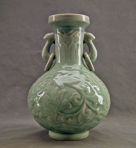 Large Chinese Porcelain Celadon Vase with Lotus Pattern