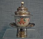 Antique Buddhist Dhakya Silver Cup Stand with Cover 19th century Tibet