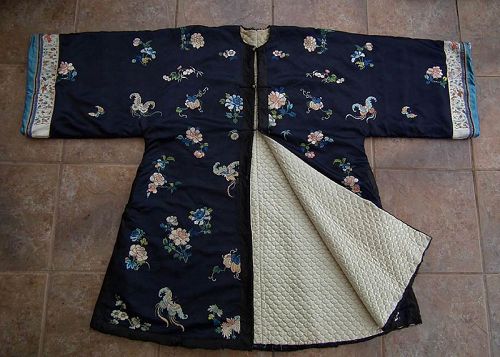 Antique Qing Dynasty Chinese Lady Embroidered Padded Winter Robe