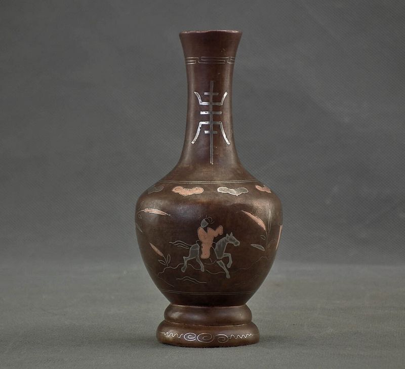 Antique 19th century Vietnamese Silver Inlay Bronze Vase Vietnam