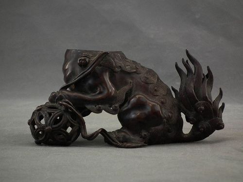 Antique Chinese Qing Dynasty Bronze Guardian Lion Foo Dog Censer