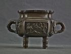 Antique Chinese Qing dynasty Bronze Incense Burner Censer Bamboo Patte