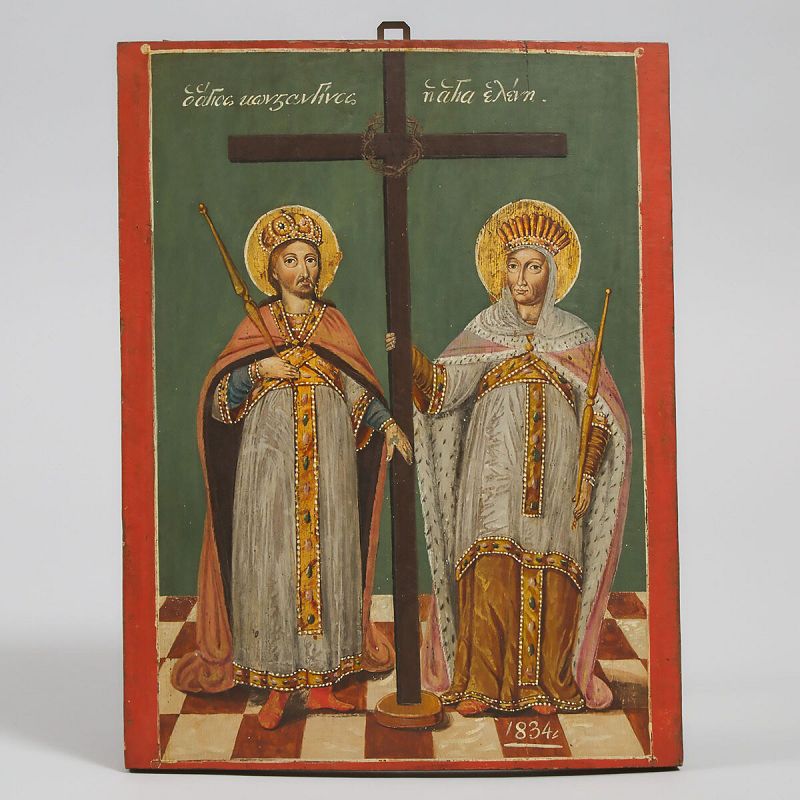 Antique 19th Century Greek Orthodox Icon of Saints Constantine