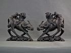 A Pair Antique Chinese Qing Dynasty Silver Inlaid Rosewood Sculptures