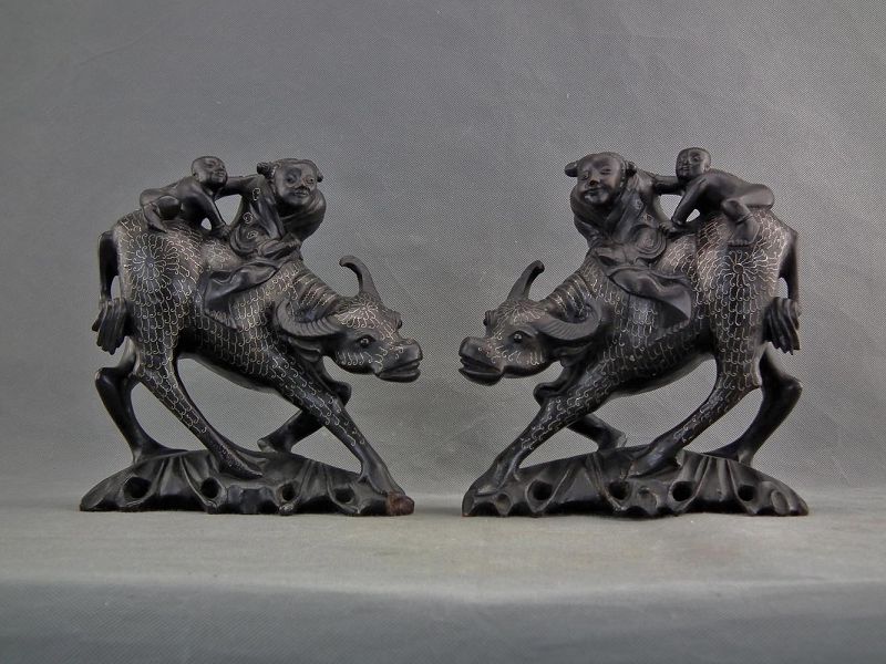 A Pair Antique Chinese Qing Dynasty Silver Inlaid Rosewood Sculptures