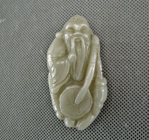 Antique Chinese Qing Dynasty Jade Pendant Of Immortal With Fish