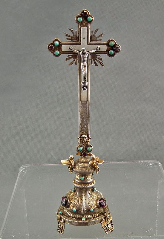 Antique Hungarian Transylvanian Jeweled Silver Crucifix Cross