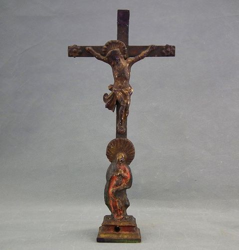 Antique Spanish Colonial Wooden Crucifix Cross Santos