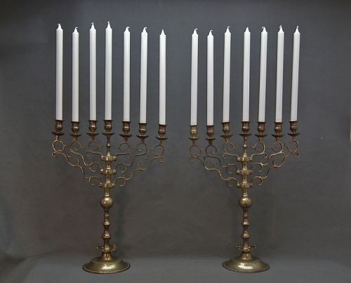 Pair Of Antique Polish Large Brass Jewish Menorahs Judaica