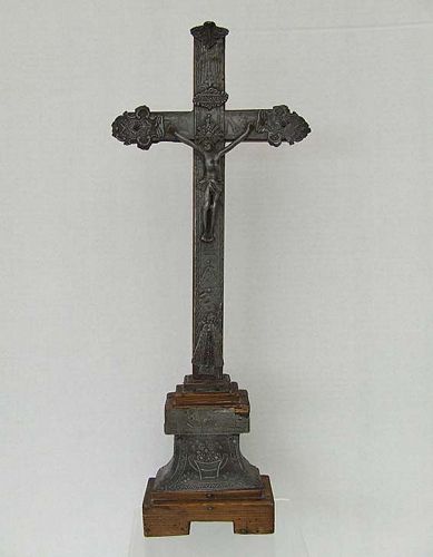 Antique 17th Century Baroque Crucifix Cross Wood Clad By Pewter