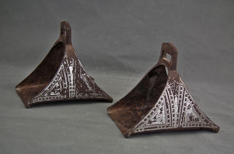 Antique 17th Century Islamic Turkish Ottoman Silver Inlay Stirrups