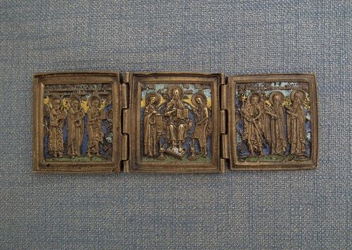 Antique Russian Orthodox Brass Triptych Folded Icon