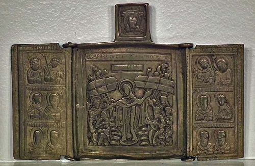 Antique Russian Brass Triptych Icon Mother Of Good OF All Who Sorrow