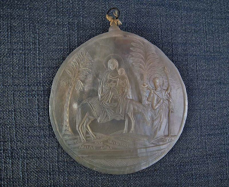 Antique Palestinian Jerusalem Mother Of Pearl Icon Holy Family Flight