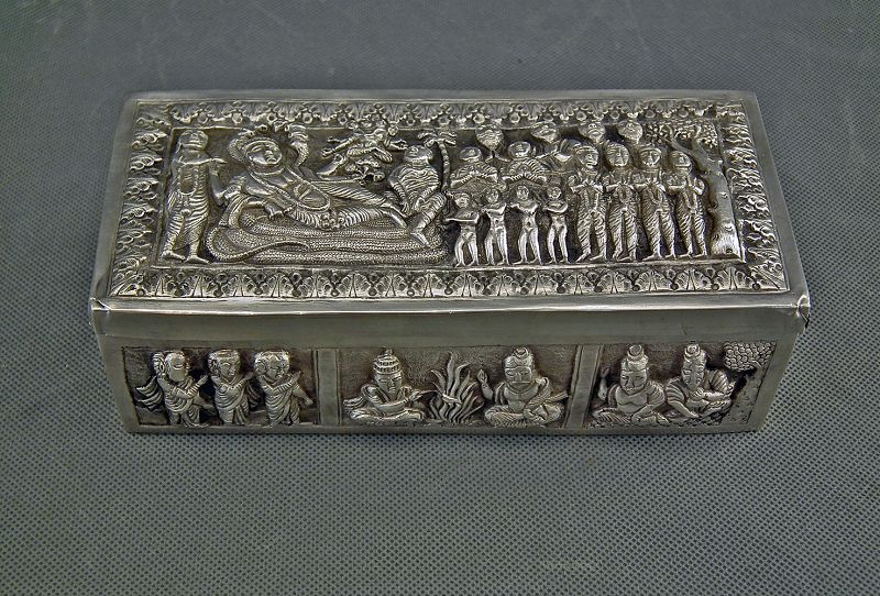 Antique Burmese Silver Box with Hindu God Vishnu In Anantasayana Burma