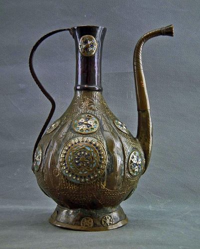 Antique Islamic Turkish Ottoman Armenian Enameled Tombak Ewer