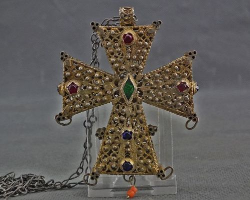 Antique Armenian Gilt Silver Filigree Reliquary Cross Khachkar Armenia