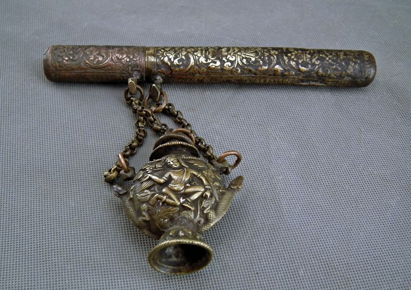 Antique Nepalese Pen Case Inkwell With Buddhist Symbols Nepal