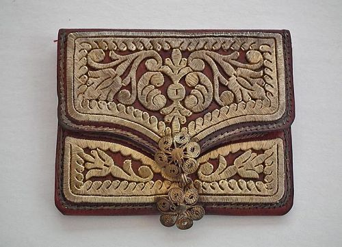 Antique Islamic Turkish Ottoman Wallet Embroidered with Gilt Silver