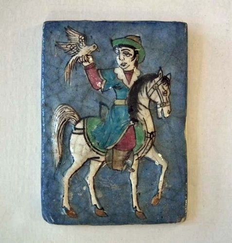 Antique Islamic Indo Persian Qajar Ceramic Tile Prince On Horseback