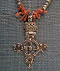 Antique African Ethiopian Coptic Cross Necklace Corals Silver Beads