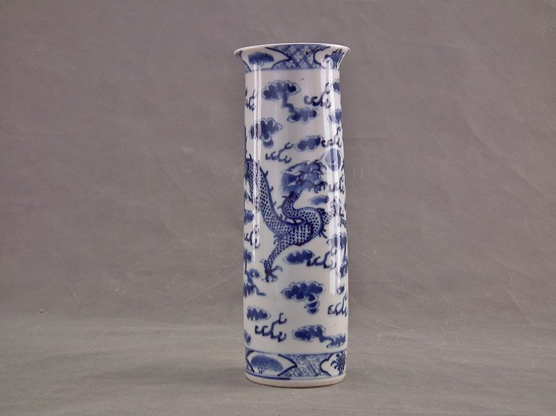 Antique Chinese Qing Dynasty Blue And White Porcelain Cylindrical Vase