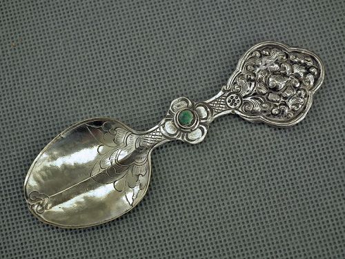 Antique Tibetan Buddhist Ritual Medicine Solid Silver Spoon Tsog