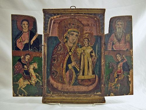 Large 18th Century Greek Orthodox Icon Triptych Greece