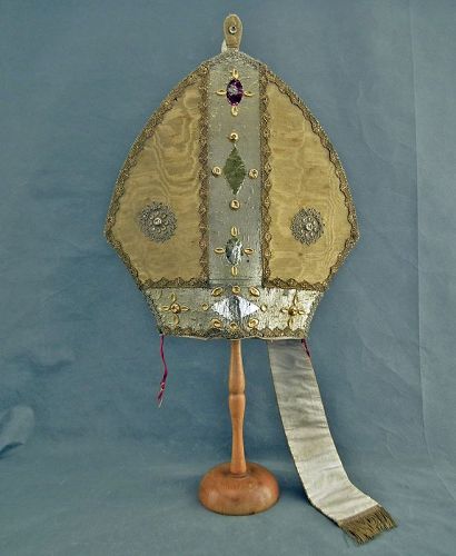 Antique 18th Century Catholic Bishop Miter With Gold Silk Brocade