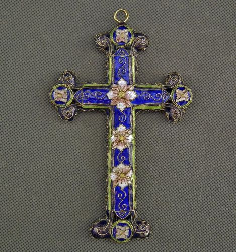 Antique Chinese 19th Century Qing Dynasty Large Cloisonné Enamel Cross