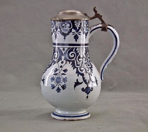 Antique 18th Century Blue And White Delft Faience Pewter Mounted Jug