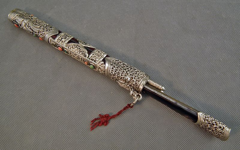 SOLD Antique Chinese Tibetan Qing Dynasty Dagger KnifeJeweled Silver