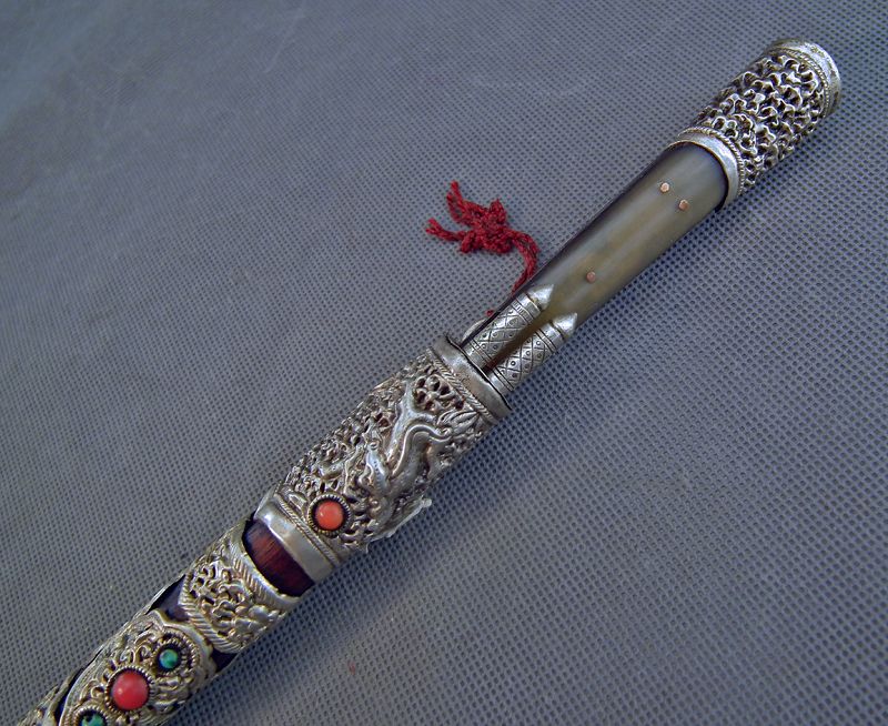 SOLD Antique Chinese Tibetan Qing Dynasty Dagger KnifeJeweled Silver