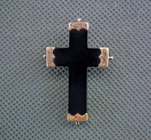 Antique 19th Century Mourning Cross Brooch Black Jet and Gold