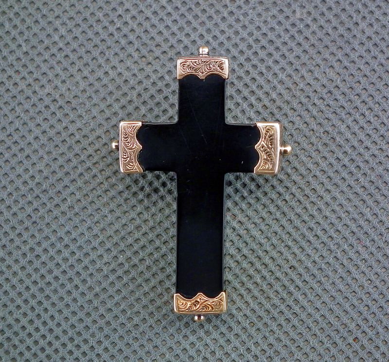 Antique 19th Century Mourning Cross Brooch Black Jet and Gold